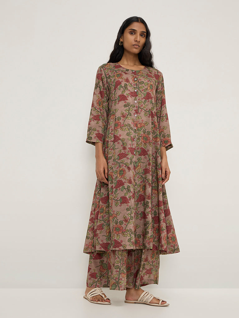 Zuba Dark Brown Floral Printed A-Line Kurta