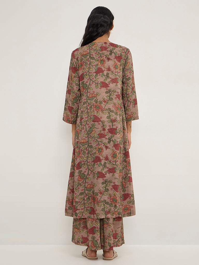 Zuba Dark Brown Floral Printed A-Line Kurta