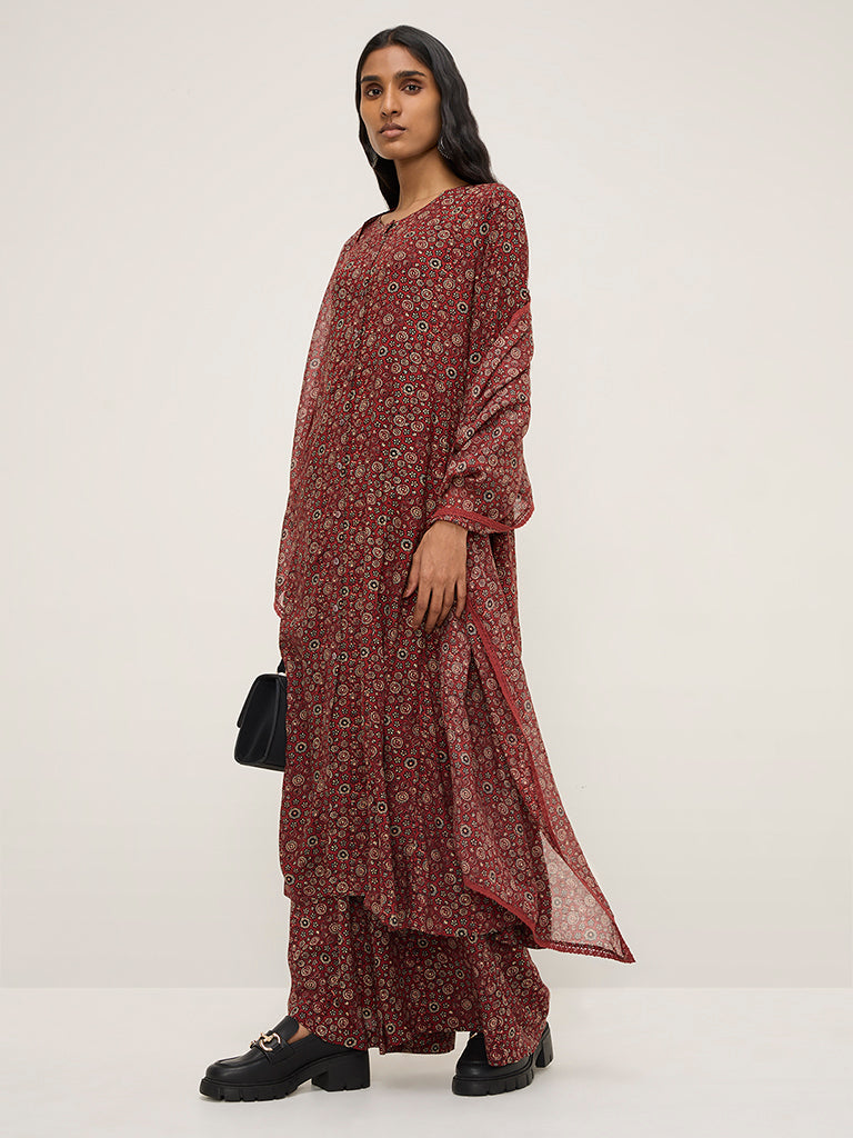 Zuba Maroon Floral Printed A-Line Kurta