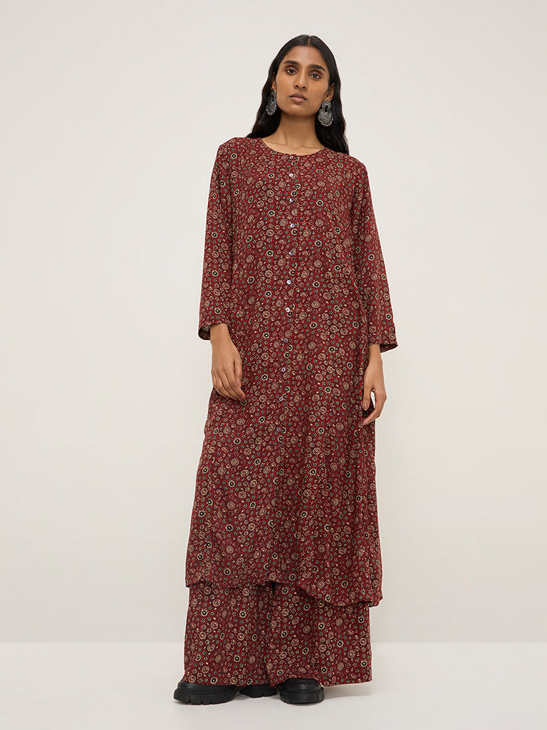 Zuba Maroon Floral Printed A-Line Kurta