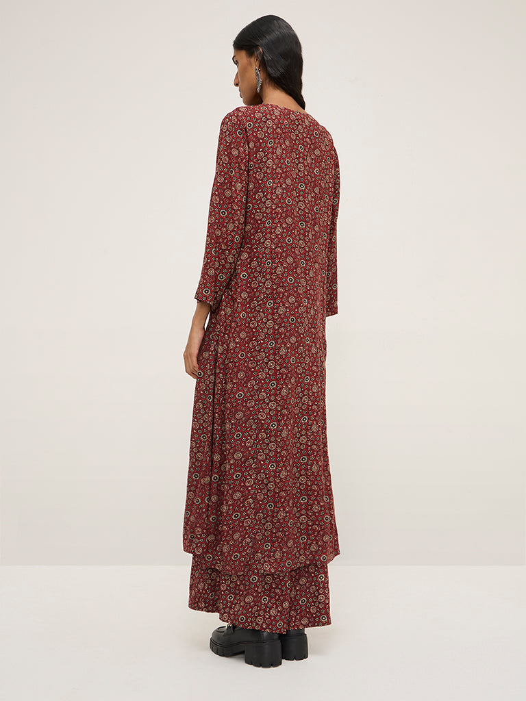 Zuba Maroon Floral Printed Cotton-Blend A-Line Kurta