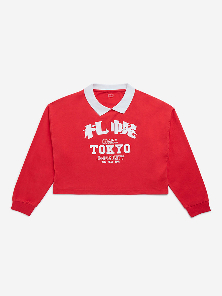 Y&F Kids Red Text Design Cotton Cropped T-Shirt