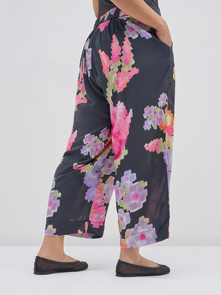 Diza Black Floral Printed High-Rise Ethnic Pants