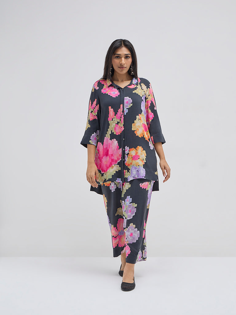 Diza Black Floral Printed High-Rise Ethnic Pants