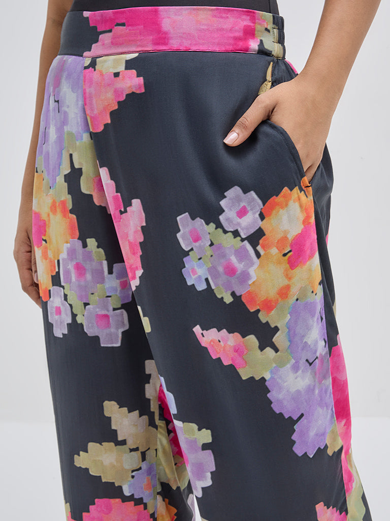 Diza Black Floral Printed High-Rise Ethnic Pants