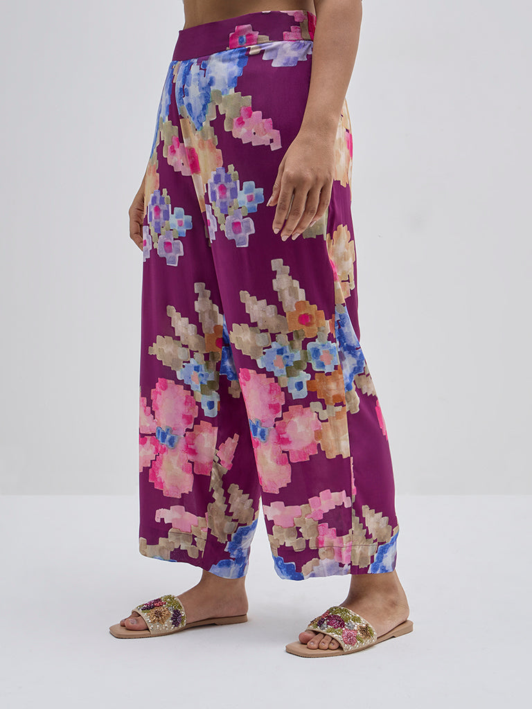 Diza Purple Floral Printed High-Rise Ethnic Pants