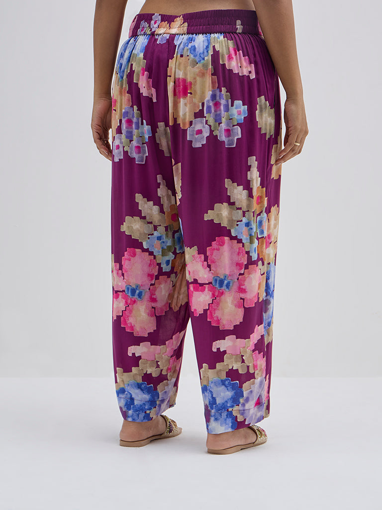 Diza Purple Floral Printed High-Rise Ethnic Pants