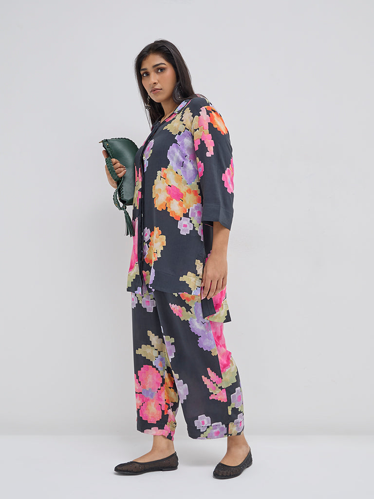 Diza Black Floral Printed High-Low Tunic