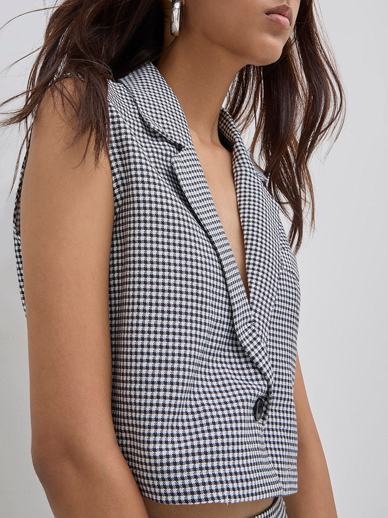 Nuon Black Checkered Waistcoat-Style Top