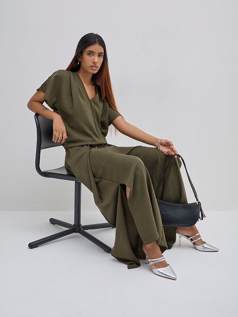 LOV Olive Crinkled High-Rise Pants