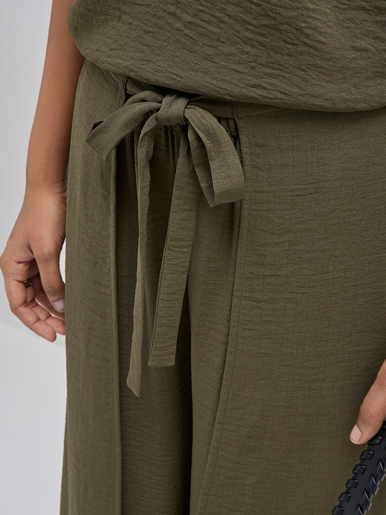 LOV Olive Crinkled High-Rise Pants