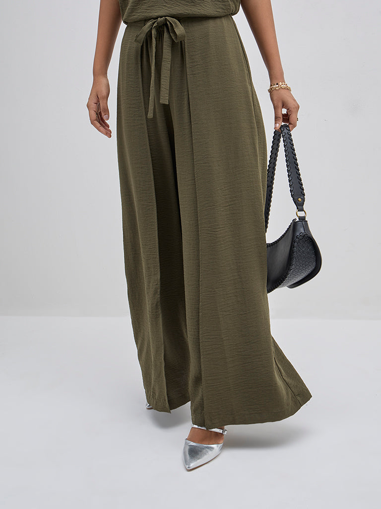 LOV Olive Crinkled High-Rise Pants