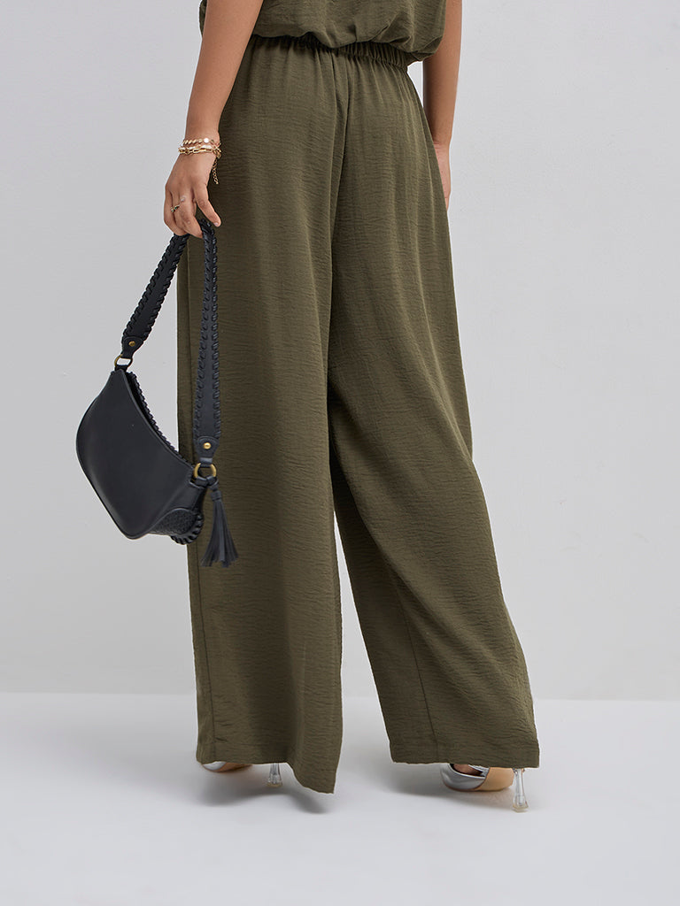 LOV Olive Crinkled High-Rise Pants