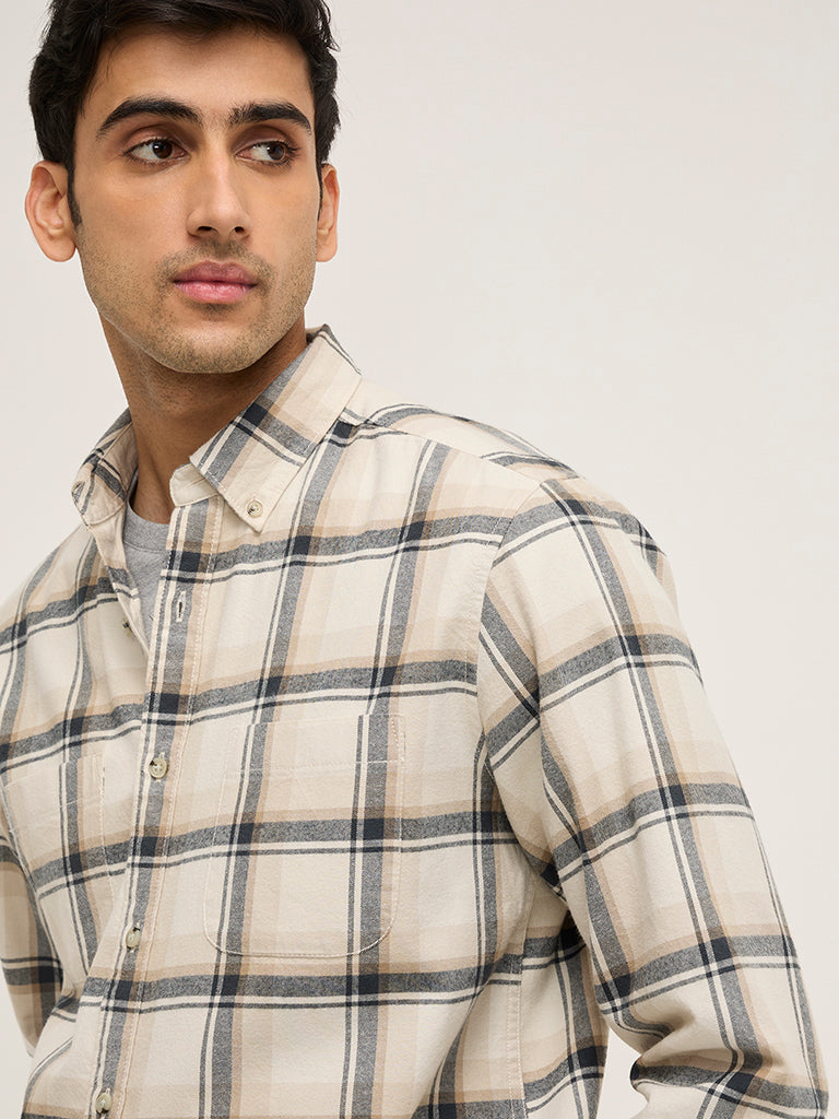 WES Casuals Beige Checkered Relaxed-Fit Cotton Shirt