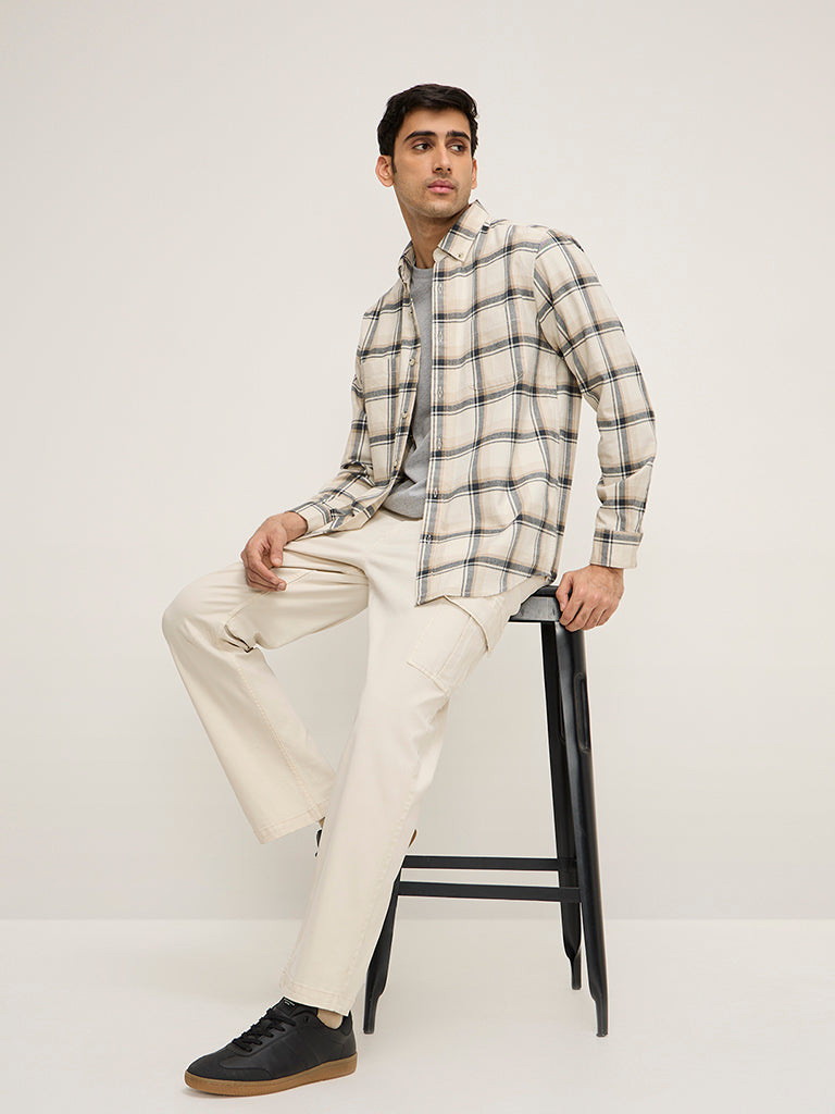 WES Casuals Beige Checkered Relaxed-Fit Cotton Shirt