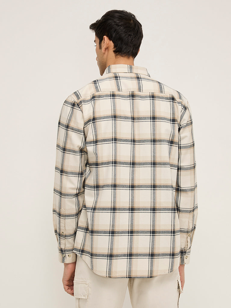 WES Casuals Beige Checkered Relaxed-Fit Cotton Shirt