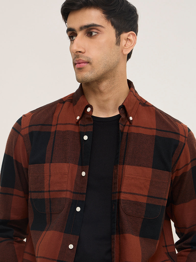 WES Casuals Brown Checkered Relaxed-Fit Cotton Shirt