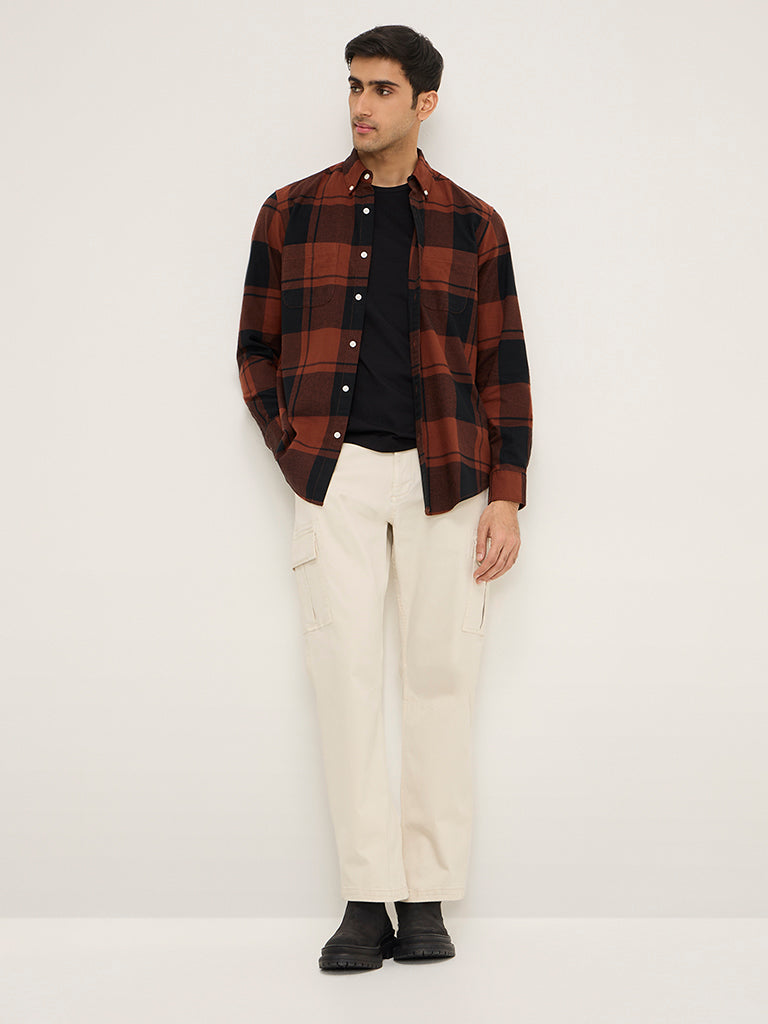 WES Casuals Brown Checkered Relaxed-Fit Cotton Shirt