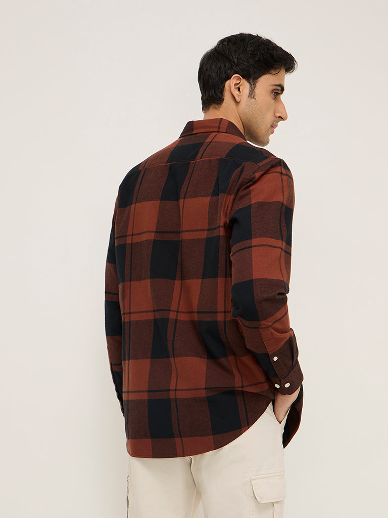 WES Casuals Brown Checkered Relaxed-Fit Cotton Shirt