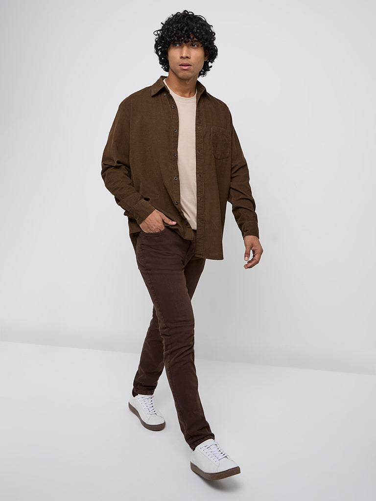 WES Casuals Brown Relaxed-Fit Cotton Shirt