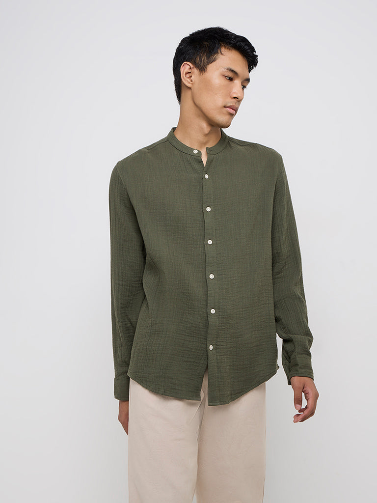 ETA Olive Crinkle Textured Resort-Fit Cotton Shirt