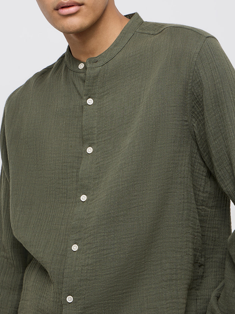 ETA Olive Crinkle Textured Resort-Fit Cotton Shirt