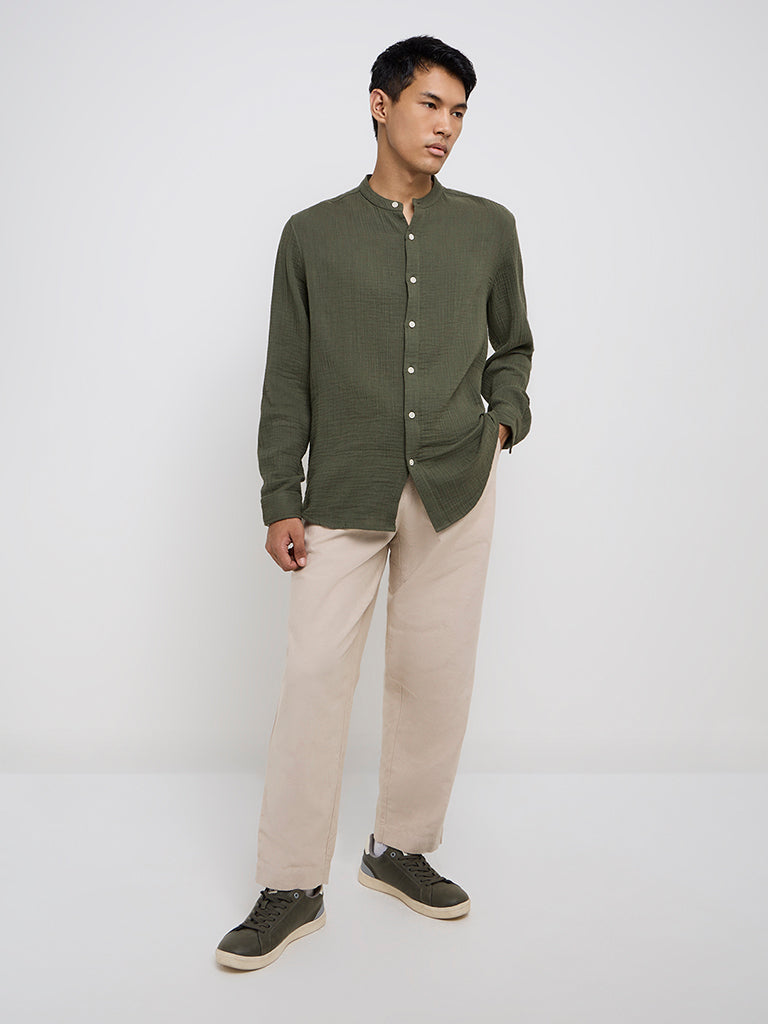 ETA Olive Crinkle Textured Resort-Fit Cotton Shirt