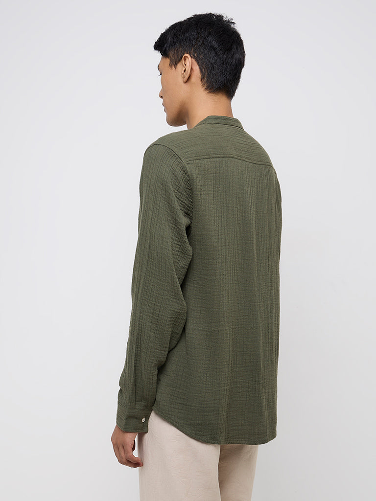 ETA Olive Crinkle Textured Resort-Fit Cotton Shirt