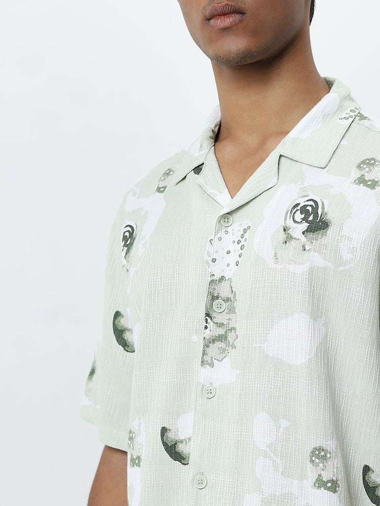 ETA Sage Floral Design Relaxed-Fit Cotton Blend Shirt