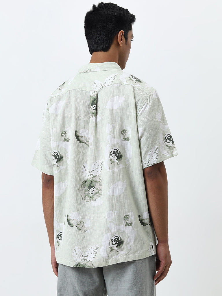 ETA Sage Floral Design Relaxed-Fit Cotton Blend Shirt