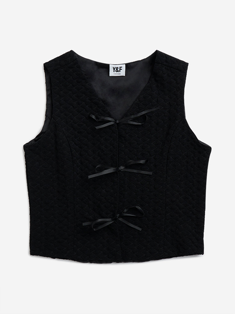 Y&F Kids Black Self-Textured Waistcoat-Style Top