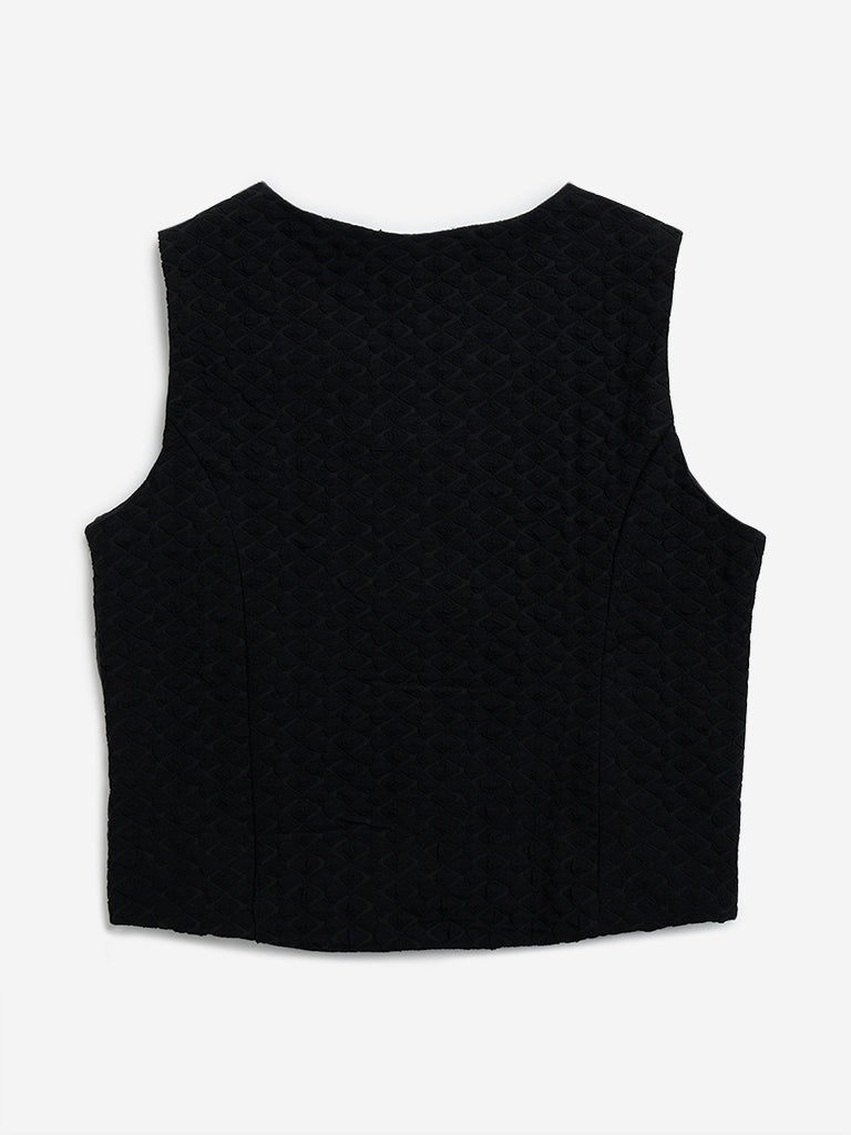 Y&F Kids Black Self-Textured Waistcoat-Style Top