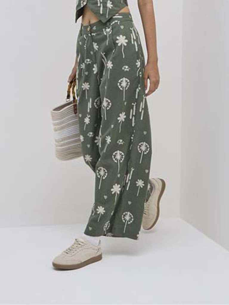 Bombay Paisley Olive Floral High-Rise Cotton-Blend Pants