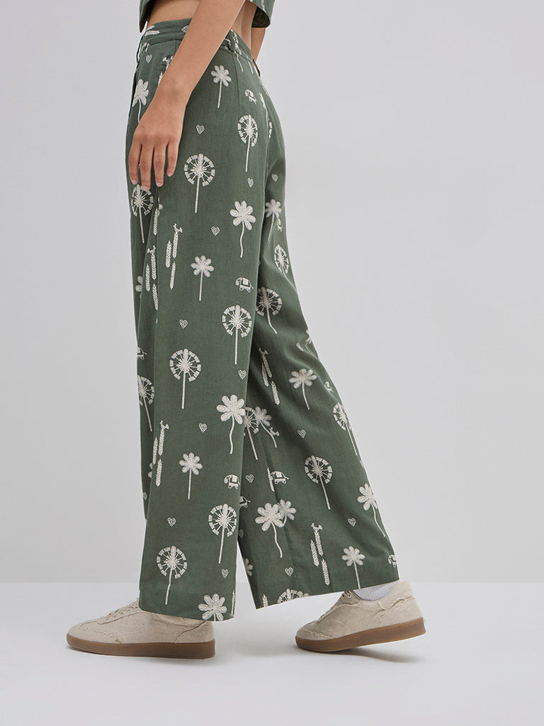 Bombay Paisley Olive Floral High-Rise Cotton-Blend Pants