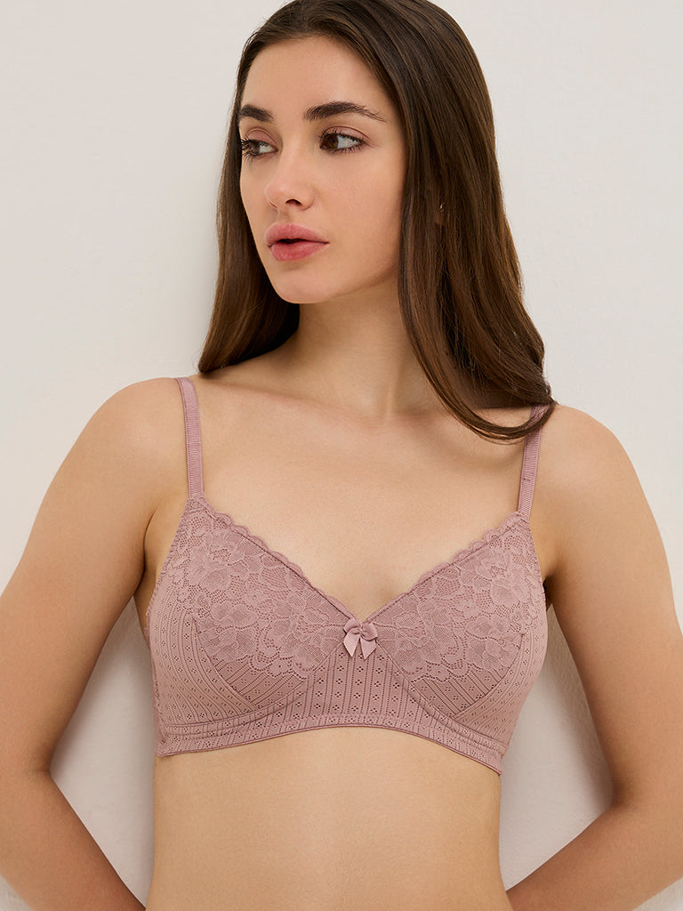 Wunderlove Mauve Floral Lace Design Padded Bra