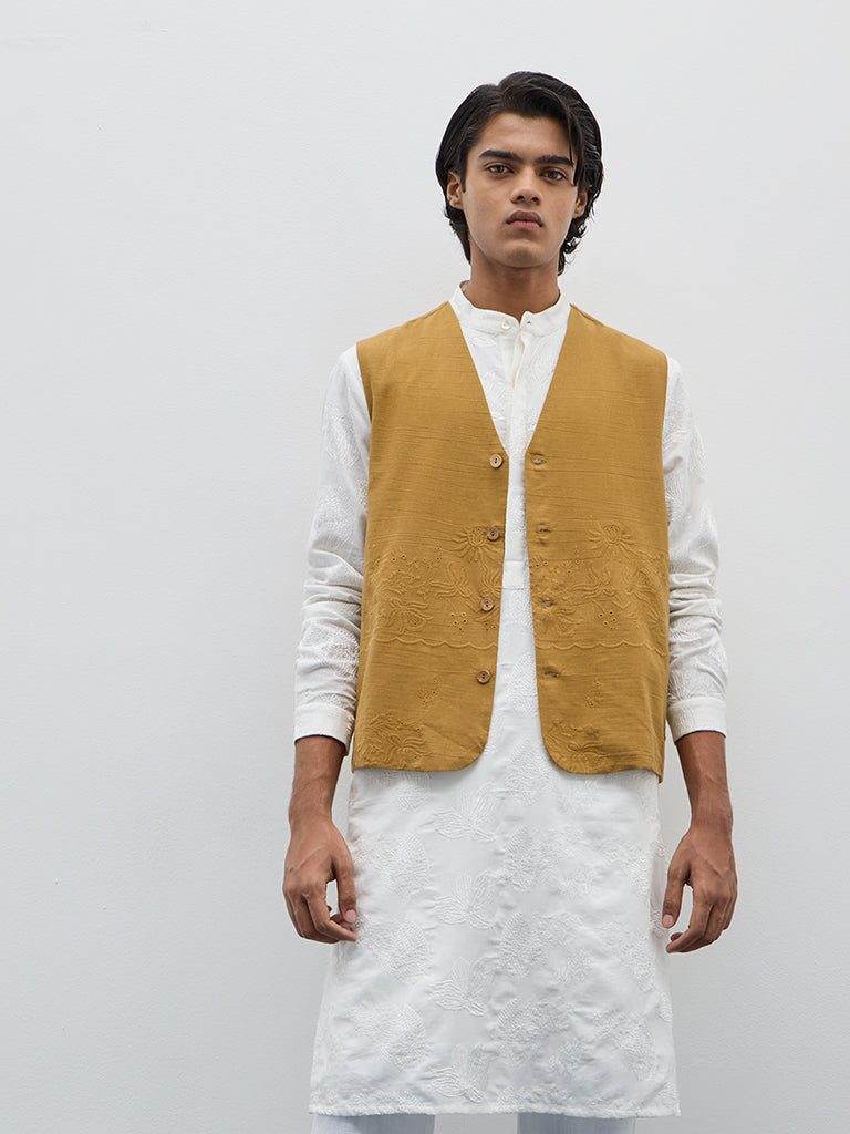 Mens Ethnicwear Yellow Schiffli Designed Cotton Blend Jacket