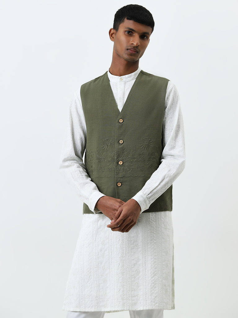 Mens Ethnicwear Olive Schiffli Designed Cotton Blend Jacket