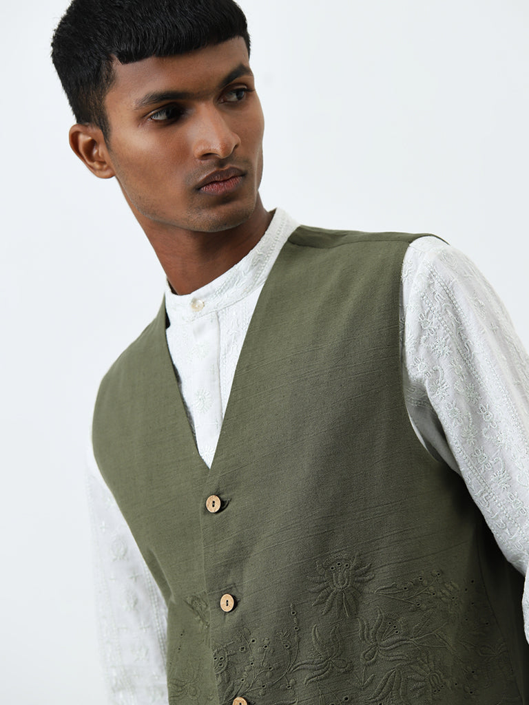 Mens Ethnicwear Olive Schiffli Designed Cotton Blend Jacket