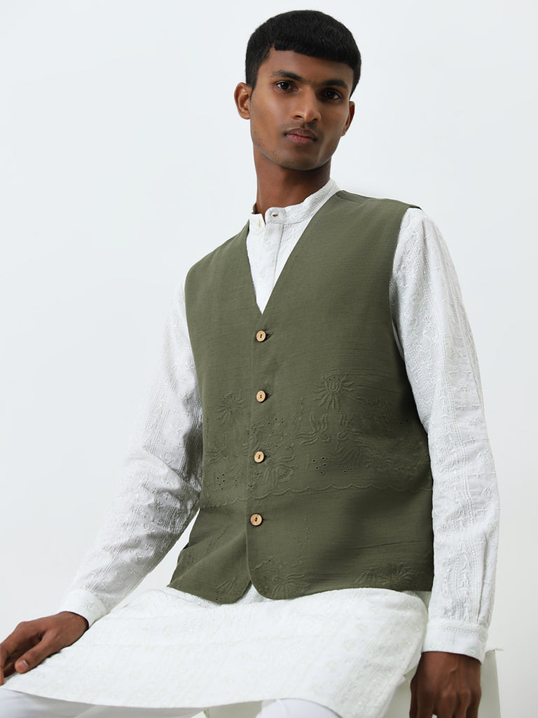 Mens Ethnicwear Olive Schiffli Designed Cotton Blend Jacket