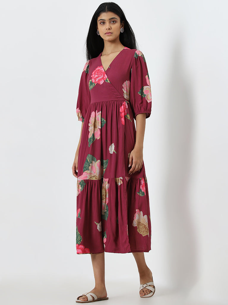 Utsa Magenta Floral Printed Tiered Dress