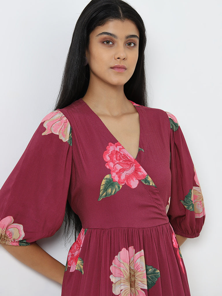 Utsa Magenta Floral Printed Tiered Dress