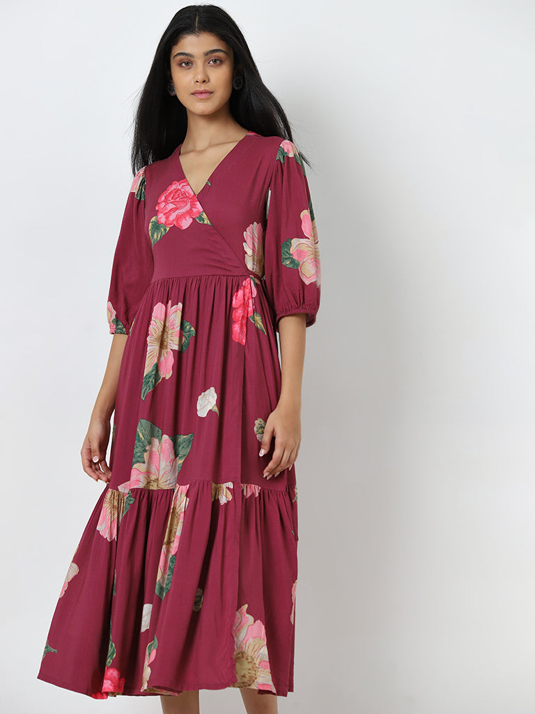 Utsa Magenta Floral Printed Tiered Dress