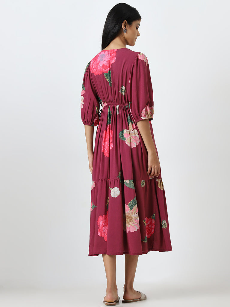 Utsa Magenta Floral Printed Tiered Dress