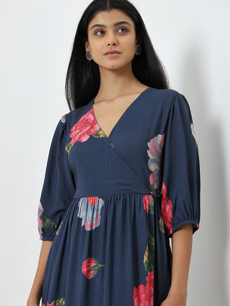 Utsa Indigo Floral Design Tiered Dress