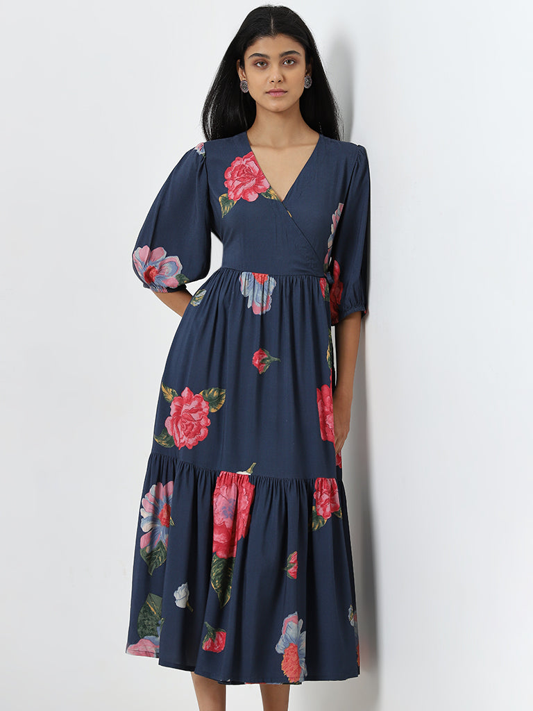 Utsa Indigo Floral Design Tiered Dress