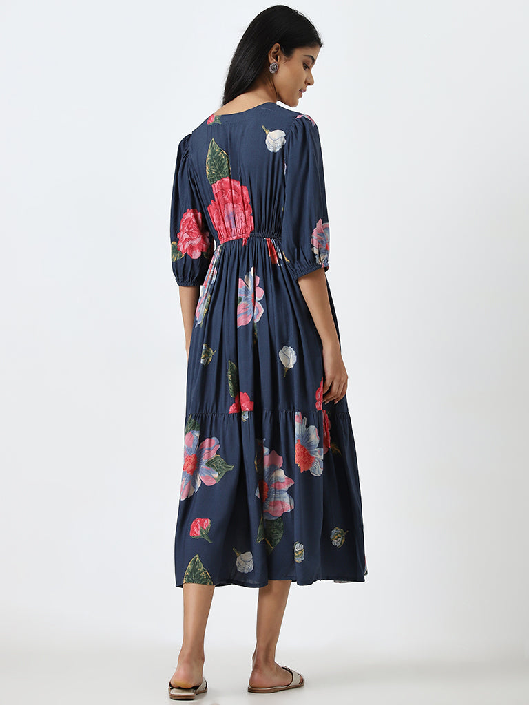 Utsa Indigo Floral Design Tiered Dress