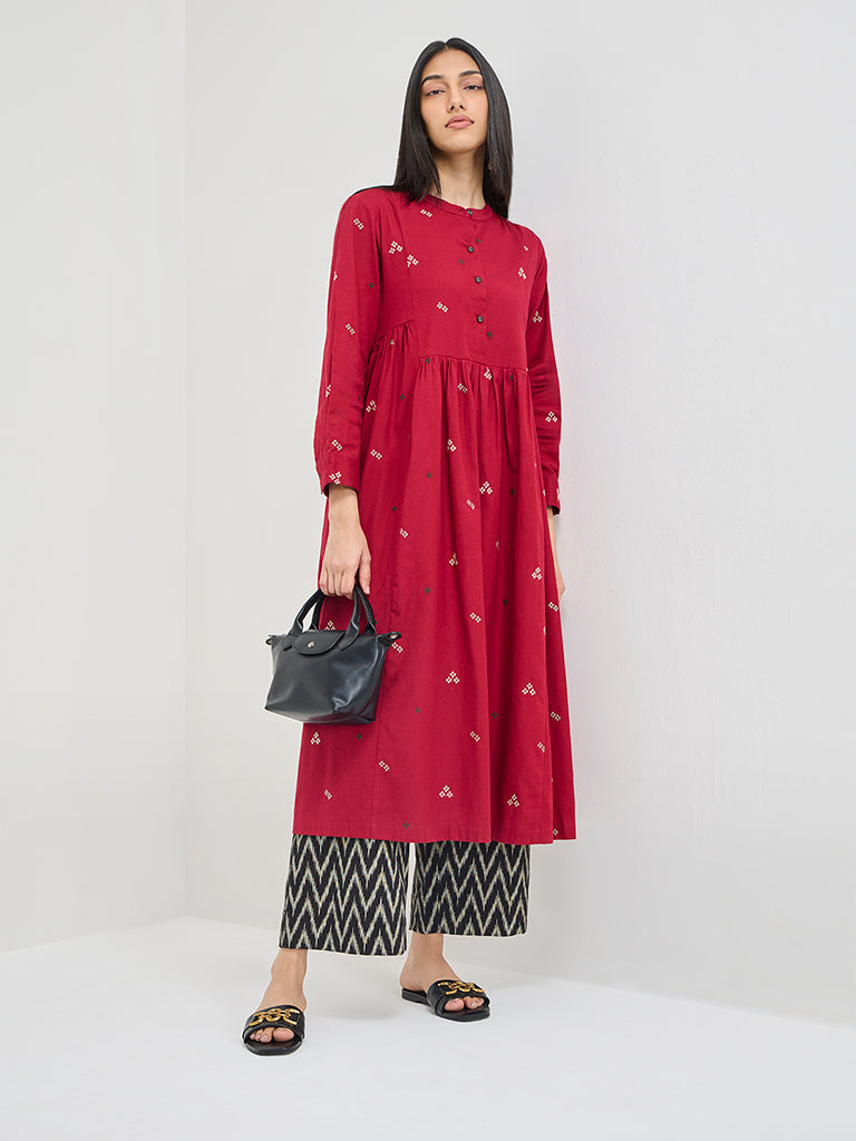 Utsa Maroon Embroidered Fit-and-Flare Cotton Blend Kurta