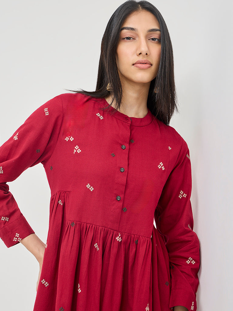 Utsa Maroon Embroidered Fit-and-Flare Cotton Blend Kurta