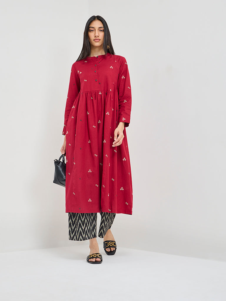 Utsa Maroon Embroidered Fit-and-Flare Cotton Blend Kurta