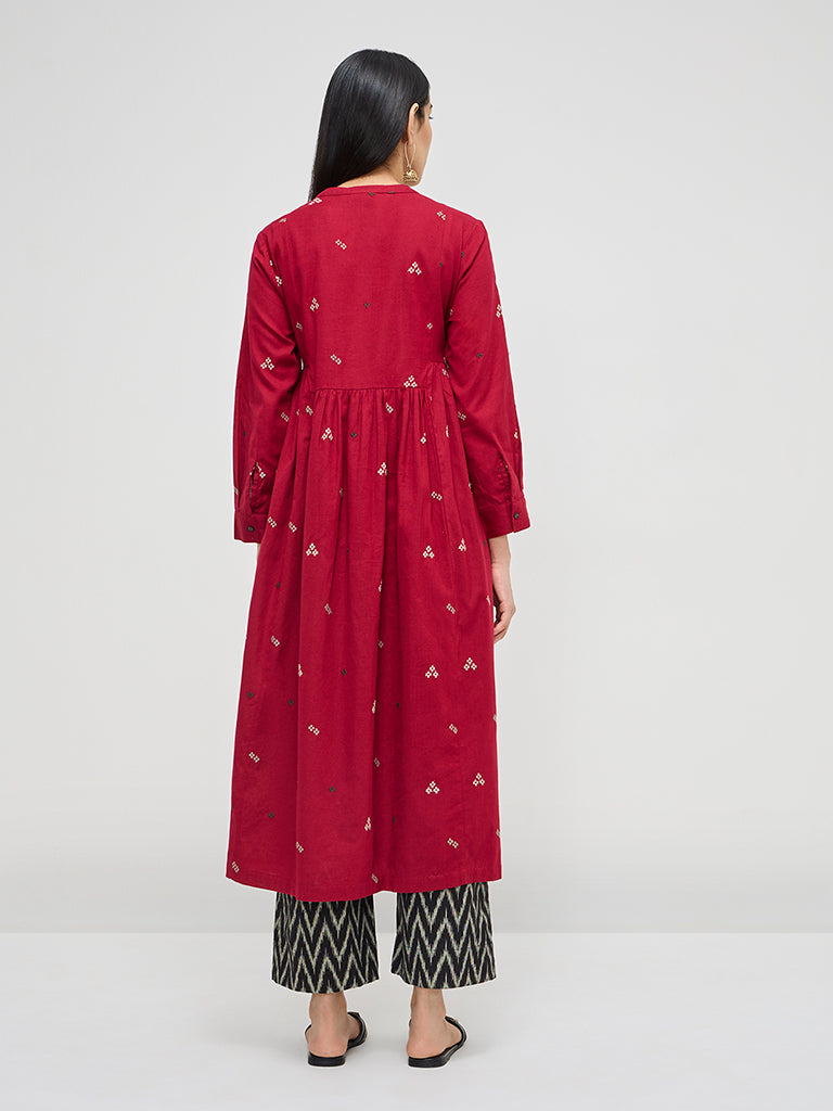 Utsa Maroon Embroidered Fit-and-Flare Cotton Blend Kurta